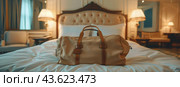 Duffel Bag on Bed. Стоковое AI-изображение, AI-художник Юлия Гапеенко / Фотобанк Лори