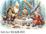 A winter scene with three characters resembling gnomes or fairy-tale creatures sitting at a table made of snow or ice. They are dressed in warm winter clothes and hats. Various dishes and drinks are placed on the table, creating the atmosphere of a festive feast. One of the characters holds a spoon, another serves food, and the third, laughing, sits on a chair. The stage is surrounded by snow-covered trees, creating the feeling of a magical winter forest. Next to the characters is a forest animal, perhaps a squirrel or a bunny. Стоковое AI-изображение, AI-художник Анна Кривицкая / Фотобанк Лори