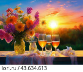 Sunset with flowers and glasses on the veranda. Romantic evening. Summer landscape. Стоковое AI-изображение, AI-художник Сергей Елизарьев / Фотобанк Лори