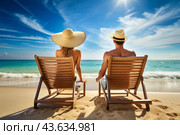 Мужчина и женщина загорают на песчаном пляже у моря. A man and a woman sunbathe on a sandy beach by the sea. Стоковое AI-изображение, AI-художник Гер Олег / Фотобанк Лори