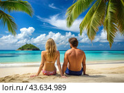 Мужчина и женщина загорают на песчаном пляже у моря. A man and a woman sunbathe on a sandy beach by the sea. Стоковое AI-изображение, AI-художник Гер Олег / Фотобанк Лори