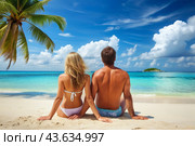 Мужчина и женщина загорают на песчаном пляже у моря. A man and a woman sunbathe on a sandy beach by the sea. Стоковое AI-изображение, AI-художник Гер Олег / Фотобанк Лори