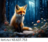 Fluffy fox cub in the night winter forest. In the culture of almost all peoples of the world, the fox is presented as a cunning animal, and is one of the irreplaceable characters of the animal epic, occupying a prominent place in it. Стоковое AI-изображение, AI-художник Сергей Елизарьев / Фотобанк Лори