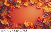 autumn frame background with free place for text, maple leaves decorate a beautiful nature thanksgiving, scenery yellow red seasonal colorful mock up, orange background. Стоковое AI-видео, аниматор Ирина Михайличенко / Фотобанк Лори