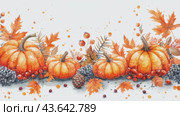 Autumn background with pumpkins and autumn leaves. Seamless pattern. Colorful pumpkins, maple leaves and mountain ash with berries on white background. Стоковое AI-видео, аниматор Ирина Михайличенко / Фотобанк Лори
