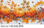 Autumn background with pumpkins and autumn leaves. Seamless pattern. Colorful pumpkins, maple leaves and mountain ash with berries on white background. Стоковое AI-видео, аниматор Ирина Михайличенко / Фотобанк Лори