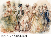 A group of people dressed in luxurious baroque costumes. Men and women wear elegant dresses and suits with an abundance of lace, ruffles, hats and other decorative elements. The figures are positioned in a relaxed pose, creating an atmosphere of sophistication and solemnity. The color palette includes soft pastel colors with accents of blue, pink, green and beige. The entire drawing is done in watercolor, which gives it lightness and airiness. Стоковое AI-изображение, AI-художник Анна Кривицкая / Фотобанк Лори