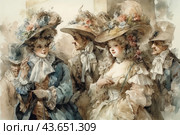 Watercolor illustration of people in 18th century attire. Women and men are dressed in luxurious costumes with lace, hats with feathers and flowers. The faces are depicted with soft smiles, and the images feel the atmosphere of aristocracy and sophistication of that time. The scene resembles a noble ball or a social event where people communicate with each other. Стоковое AI-изображение, AI-художник Анна Кривицкая / Фотобанк Лори