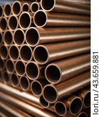 Copper bronze heat exchanger pipes. Heavy non-ferrous metallurgy. Factory industrial production of metal cuprum pipes. Heat exchanger is a technical device in which heat is exchanged between two media. Стоковое AI-изображение, AI-художник Юлия Петровская / Фотобанк Лори