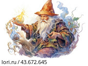 An old sage or wizard with a long white beard and hair, dressed in a traditional costume decorated with leaves and natural elements. On his head he wears a pointed hat, holds a glowing magical artifact in the form of a ball in one hand and a small book or scroll in the other. Around the figure of the wizard are visible fantastic elements such as clouds of smoke and decorative vines, creating an atmosphere of magic and wizardry. Стоковое AI-изображение, AI-художник Анна Кривицкая / Фотобанк Лори