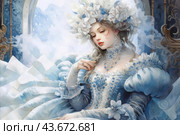Young woman in elegant outfit decorated with blue and white elements. She wears a dress with puffy sleeves and lace, decorated with floral patterns and pearls. The woman's head is adorned with a wreath of large white flowers with blue accents. In the background, a decorative interior in the Rococo style is visible, giving the picture an atmosphere of sophistication and refinement. Стоковое AI-изображение, AI-художник Анна Кривицкая / Фотобанк Лори