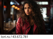 Young woman with long, thick, wavy dark hair. She is wearing a red leather jacket and a black tank top. The woman is sitting in a cozy cafe or restaurant with warm lighting and wooden furniture. Her gaze is directed to the side, creating the impression of thoughtfulness or slight melancholy. The atmosphere of the photo conveys a sense of calm and comfort, emphasizing the modern urban style. Стоковое AI-изображение, AI-художник Анна Кривицкая / Фотобанк Лори