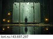 A man stands in front of a huge glass wall, which is part of an abandoned building or structure, overgrown with moss and vegetation. The wall probably leads into a forest, where the trees are immersed in fog, creating a mysterious and enigmatic atmosphere. The lamps on the wall emit a soft light that is reflected in the water underfoot, enhancing the feeling of mysticism and the unknown. Стоковое AI-изображение, AI-художник Анна Кривицкая / Фотобанк Лори