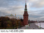 View of the Vodovzvodnaya Tower of the Kremlin Wall, the Grand Kremlin Palace and the Kremlin Embankment of the Moskva River, Moscow, Russia. Стоковое фото, фотограф Ula Ulachka / Фотобанк Лори