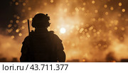 Soldier Standing Amidst Explosions. Стоковое AI-изображение, AI-художник Юлия Гапеенко / Фотобанк Лори