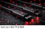 Close-Up of HDMI Cables With Illuminated Connectors on a Circuit Board at Night. Стоковое AI-изображение, AI-художник Сергей Толмачёв / Фотобанк Лори