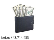 Раскрытый кошелек с американскими долларами на белом фоне. Wallet with dollars isolated on white background. Стоковое фото, фотограф Татьяна Д / Фотобанк Лори