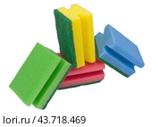 Разноцветные кухонные губки для очистки на белом фоне. Kitchen sponges. Стоковое фото, фотограф Татьяна Д / Фотобанк Лори