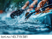 Man with paddle floating on canoe on sea, wave and water splashes. Water Olympic sports. Стоковое AI-изображение, AI-художник Коханова Наталья / Фотобанк Лори