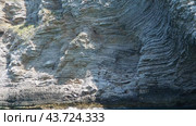 Cave Pecin bay near Seagull and Ratkova Kraljicina plaza Tri kralja. Hills, inaccessible rocks. Budva Montenegro. Flysch, marine sedimentary rocks, lithological layers. Adriatic Mediterranean sea (2024 год). Стоковое видео, видеограф Юлия Петровская / Фотобанк Лори