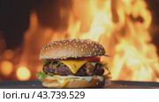 A delicious hamburger is currently sitting on a wooden table right in front of a cozy fireplace. Стоковое AI-видео, аниматор Юрий Поздников / Фотобанк Лори