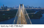 Aerial view of a magnificent bridge over water, with a stunning city skyline in the background. Стоковое AI-видео, аниматор Юрий Поздников / Фотобанк Лори