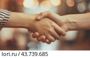 A closeup image of two individuals confidently shaking hands in a professional manner. Стоковое AI-видео, аниматор Юрий Поздников / Фотобанк Лори