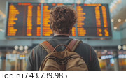 A man carrying a backpack is standing in front of an airport departures information board. Стоковое AI-видео, аниматор Юрий Поздников / Фотобанк Лори