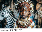 A beautiful black African girl in a traditional African national costume. Against the background of a zebra. The portrait symbolizes the traditions and beauty of the African people. Стоковое AI-изображение, AI-художник Photojuli / Фотобанк Лори
