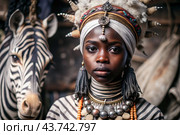 A beautiful black African girl in a traditional African national costume. Against the background of a zebra. The portrait symbolizes the traditions and beauty of the African people. Стоковое AI-изображение, AI-художник Photojuli / Фотобанк Лори