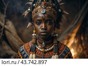 A beautiful black African girl in a traditional African national costume. Against the background of bones. The portrait symbolizes the traditions, culture and beauty of the African people. Стоковое AI-изображение, AI-художник Photojuli / Фотобанк Лори