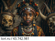 A beautiful black African girl in a traditional African national costume. Against the background of bones. The portrait symbolizes the traditions, culture and beauty of the African people. Стоковое AI-изображение, AI-художник Photojuli / Фотобанк Лори