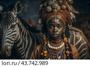 A beautiful black African girl in a traditional African national costume. Against the background of a zebra. The portrait symbolizes the traditions and beauty of the African people. Стоковое AI-изображение, AI-художник Photojuli / Фотобанк Лори