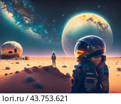 Астронавты участвуют в захватывающем исследовании красочного и инопланетного ландшафта за пределами Земли. Стоковое AI-изображение, AI-художник Сергей Буторин / Фотобанк Лори