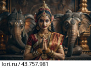 A beautiful Indian girl in a traditional Indian national costume, sari. Against the background of elephants. The portrait symbolizes the traditions, culture and beauty of the people of India. Стоковое AI-изображение, AI-художник Photojuli / Фотобанк Лори