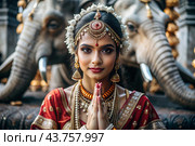 A beautiful Indian girl in a traditional Indian national costume, sari. Against the background of elephants. The portrait symbolizes the traditions, culture and beauty of the people of India. Стоковое AI-изображение, AI-художник Photojuli / Фотобанк Лори