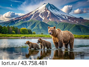 A large brown bear and small cubs in the lake against the background of the Kamchatka volcano. Animal hunting. Poaching. Стоковое AI-изображение, AI-художник Photojuli / Фотобанк Лори
