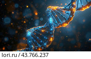 Detailed double helix DNA strand, depicting the molecular structure and genetic makeup, suitable for biology, genetics, and medical research concepts. Стоковое AI-изображение, AI-художник Ирина Михайличенко / Фотобанк Лори