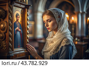 Portrait of a beautiful young woman in a headscarf in an Orthodox church. A girl prays in a church against the background of icons. Стоковое AI-изображение, AI-художник Photojuli / Фотобанк Лори