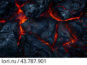 Cooling lava with glowing cracks on a black, rocky surface. Fiery lines running through the dark crust. Concept of volcanic activity and heat. Стоковое AI-изображение, AI-художник Александра Рублева / Фотобанк Лори