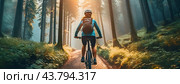 A woman is riding a mountain bike on a trail through a summer forest landscape, with sunlight filtering through the trees. Стоковое AI-изображение, AI-художник Igor Tichonow / Фотобанк Лори