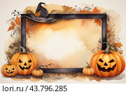 Autumn poster made of pumpkins, hats and Halloween attributes with copy space. Стоковое AI-изображение, AI-художник Мария Мороз / Фотобанк Лори