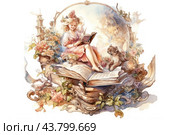 Illustration, done in soft pastel colors, depicting a young girl sitting on a giant book, surrounded by flowers and baroque decor. The girl is dressed in a light pink dress, her hair is loose and decorated with flowers. She is reading a book, sitting on its pages, creating an atmosphere of immersion in a magical world. On her face is an expression of interest and joy from reading.Next to the girl on the book is a cat, carefully watching her, which adds warmth and coziness to the illustration. The cat is depicted with fluffy fur and expressive eyes, which emphasizes his curiosity. Flowers, foliage and other decorative elements have grown around the book and the characters, giving the scene a magical and fairy-tale mood. In the background, a round arch with columns is visible, adding sophistication and completeness to the illustration. Стоковое AI-изображение, AI-художник Анна Кривицкая / Фотобанк Лори
