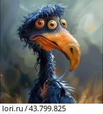 A cartoonish bird with an unusual appearance. It has a large orange beak, large round orange eyes with pronounced irises, and lush blue feathers that appear ruffled. The bird looks straight ahead, giving the impression of thoughtfulness or surprise. The background of the image is blurred, with a predominance of gray-green shades, which emphasizes the brightness and expressiveness of the bird itself. Стоковое AI-изображение, AI-художник Анна Кривицкая / Фотобанк Лори