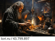 A scene in a dark room reminiscent of a medieval smithy or workshop. In the foreground is an old man with a long grey beard, dressed in dark, possibly rough clothing. He is working intently on a metal object, probably a tool or weapon. Next to him sits a young man, also intently engaged in his work. Sparks from a small fire or forge can be seen around them. The lighting is soft, with emphasis on the faces and hands of the people, creating a warm and atmospheric scene. Other people can be seen in the background, busy working or talking. Стоковое AI-изображение, AI-художник Анна Кривицкая / Фотобанк Лори