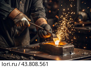 Work at the factory. Working professions. Men's hands in protective gloves with metal. There are sparks around. Hard work that requires high concentration and professionalism. Стоковое AI-изображение, AI-художник Photojuli / Фотобанк Лори
