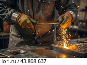 Work at the factory. Working professions. Men's hands in protective gloves with metal. There are sparks around. Hard work that requires high concentration and professionalism. Стоковое AI-изображение, AI-художник Photojuli / Фотобанк Лори