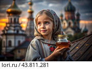 The concept of the Russian Orthodox holiday Honey Savior. A beautiful little girl in Russian national clothes and a scarf with a jar of honey on the background of an Orthodox church. Стоковое AI-изображение, AI-художник Photojuli / Фотобанк Лори