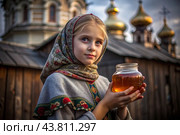 The concept of the Russian Orthodox holiday Honey Savior. A beautiful little girl in Russian national clothes and a scarf with a jar of honey on the background of an Orthodox church. Стоковое AI-изображение, AI-художник Photojuli / Фотобанк Лори