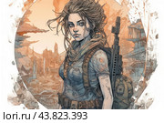 A young woman in a post-apocalyptic world. She is dressed in practical clothes suitable for survival, with a backpack on her back and a gun strapped to her shoulder. Her hair is disheveled, her face looks focused and determined. The background of the image is a destroyed cityscape with the remains of buildings and architectural structures reminiscent of a once thriving metropolis. The color scheme of the image is done in warm tones, creating a sunset atmosphere and adding drama to the scene. Detailed elements, such as stains on clothes and scars on skin, emphasize the harsh conditions in which the heroine has to survive. Стоковое AI-изображение, AI-художник Анна Кривицкая / Фотобанк Лори